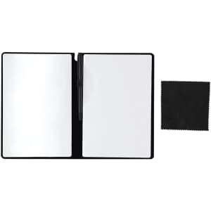 A black notepad whiteboard with two blank writing surfaces and a pen, accompanied by a cleaning cloth.
