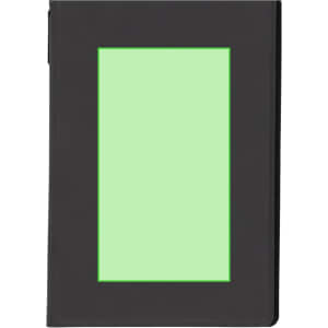 A black notepad with a green-whiteboard section in the centre. It features a logo on the cover.