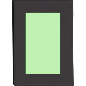 A black notepad with a green whiteboard section on the front. It features a logo.