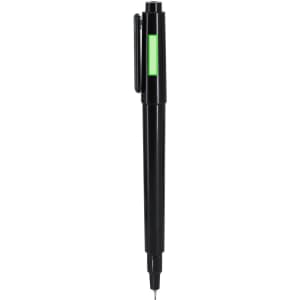 A black pen with a retractable design and a green highlight. It features a clip for easy attachment.