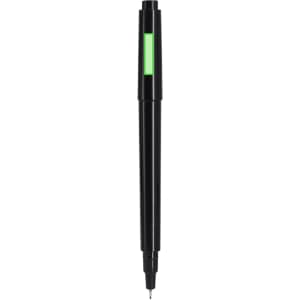 A black pen with a green highlight section and a fine tip, featuring a sleek design and a branding logo.