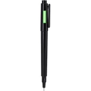 A black pen with a green accent and a clip for attachment. The pen features a fine tip for precise writing.