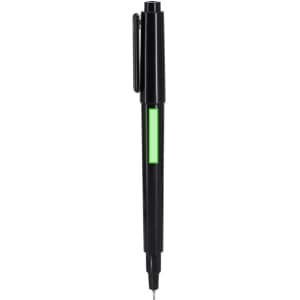 A black pen with a green accent and a clip. The pen features a fine tip for precise writing.