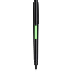 A black pen with a green accent, featuring a fine tip and a removable cap.