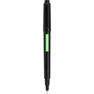 A black pen with a green highlight and a fine point tip, featuring a smooth, sleek design.
