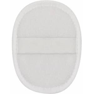 A white exfoliating sponge with a textured surface and a central strap, featuring a simple design.