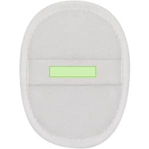An oval white exfoliating sponge with a textured surface and a green stripe in the centre. Features a logo.