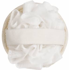 An exfoliating sponge in cream and white, featuring a soft textured surface and elastic band for easy handling.
