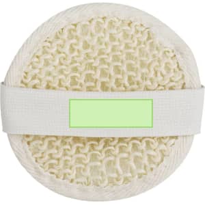 A circular exfoliating sponge in cream colour with a textured surface and a fabric strap. It features a logo.
