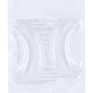 A transparent hot-cold pack set in a sealed plastic bag, featuring a curved shape for flexibility.