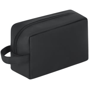 A black toiletry bag with a sleek design and a zip closure, featuring a convenient handle.
