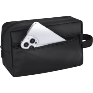 A black toiletry bag with a zippered pocket containing a smartphone. The bag has a handle for easy carrying.