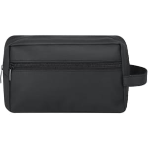 A black toiletry bag with a zippered compartment and a side handle. It has a simple design and a logo on the front.