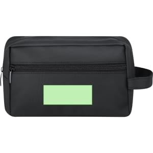 A black toiletry bag featuring a zippered compartment and a side handle. It has one blank space for branding.