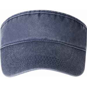 A navy blue visor with a wide brim, featuring a textured fabric and stitching details. It has a logo on the band.