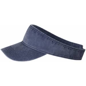 A navy sun visor with a wide brim and a branded logo on the band.