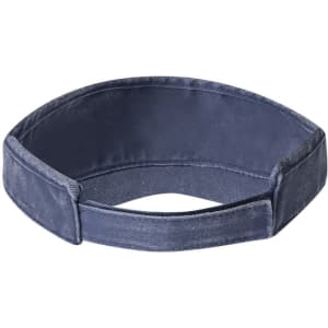 A navy blue sun visor featuring a soft fabric design and an adjustable strap. It has a logo on it.