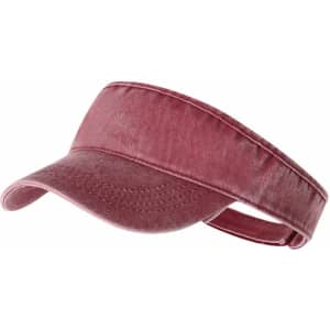 A maroon visors with a wide brim and adjustable strap, featuring a logo on the side. Perfect for sun protection.