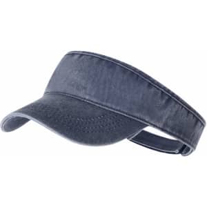 A dark navy sun visor with a wide brim and an adjustable strap, featuring a logo on the side.