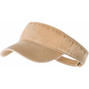 A beige sun visor with a wide brim and an adjustable strap, featuring a logo on the side.