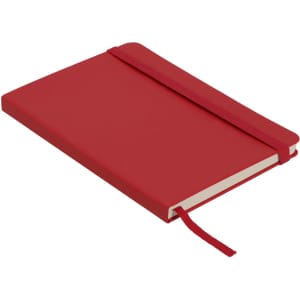 A red notepad with a matching elastic band and a bookmark. It features a simple, sleek design.