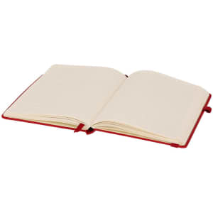 A notepad with a red cover, featuring blank lined pages and a ribbon bookmark. It has branding on the cover.