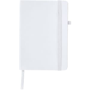 A white notepad with an elastic band closure and a ribbon marker, featuring a logo on the cover.
