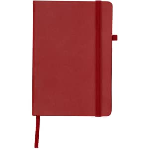 A red notepad with a ribbon bookmark and an elastic band closure, featuring a logo.