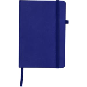 A blue notepad with a strap closure, featuring a logo on the front.