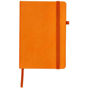 An orange notepad with a ribbon bookmark and an elastic band closure. It features a logo on the cover.