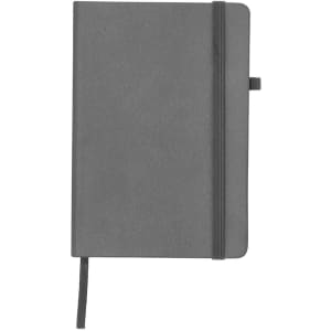 A grey notepad featuring a textured cover, an elastic band, and a ribbon marker. Includes a logo on the front.