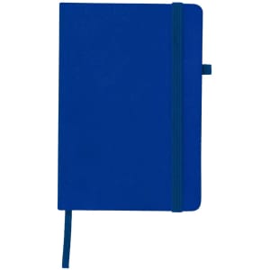 A blue notebook with an elastic band closure and a ribbon bookmark. It has a logo on the cover.