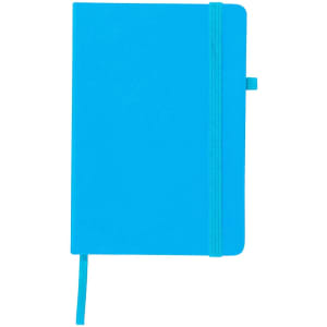 A bright blue notepad with a solid cover, elastic band, and ribbon marker. Features a logo on the front.