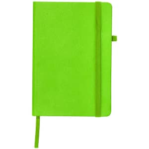 A bright green notepad with a matching elastic band and ribbon bookmark, featuring a logo on the cover.