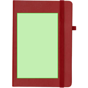 A red notepad with a green page, featuring an elastic band closure and a blank cover.
