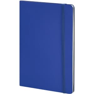 A blue notepad with a flexible cover and an elastic band closure, featuring a simple design.