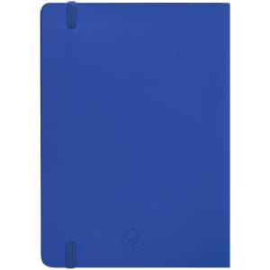 A blue notepad featuring a cover with an elastic closure and a logo at the bottom.
