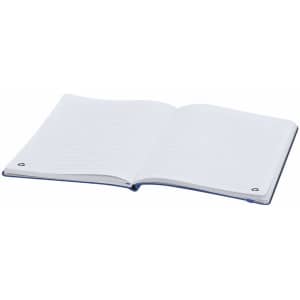 A notepad with a navy blue cover and white lined pages, featuring a logo on the front.