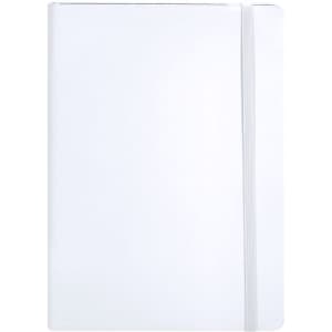 A plain white notepad with a grey elastic band. Features a smooth, minimalist design and a logo on the cover.