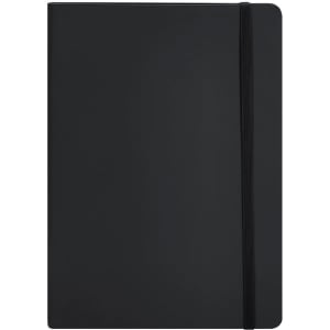 A black notepad with a flexible cover and an elastic band closure, featuring a logo.