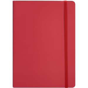A red notepad with an elastic closure. The cover is smooth and features a branding logo.