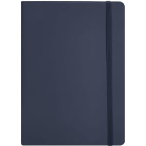 A navy blue notepad with a flexible cover and an elastic band. It features a logo on the front.