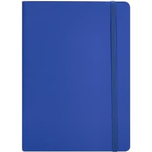A blue notepad with a flexible cover and an elastic band closure, featuring a logo on the front.