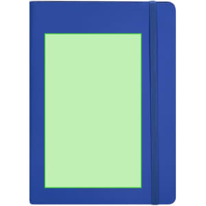 A blue notepad with a green inset area and an elastic band. It features a logo on the front cover.