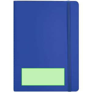 A blue notepad with a green label area and an elastic band closure. It features a simple design.