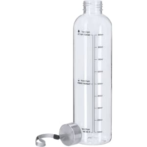 A clear plastic drink bottle with a silver cap and measurement markings on the side. It features a logo.