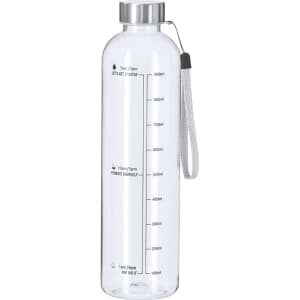A clear drink bottle with a stainless steel lid and a carrying strap, featuring measurement markings on the side.