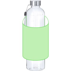 A drink bottle in clear and silver, featuring a green sleeve. The bottle has a logo and a flip-top lid.