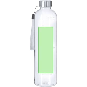 A clear drink bottle with a silver cap and a green rectangular space for custom branding.