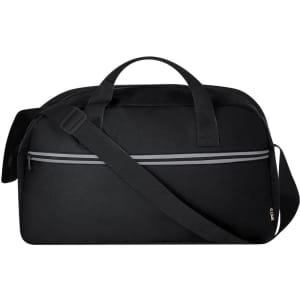 A black duffle bag with a front zip pocket and adjustable strap, featuring a logo.